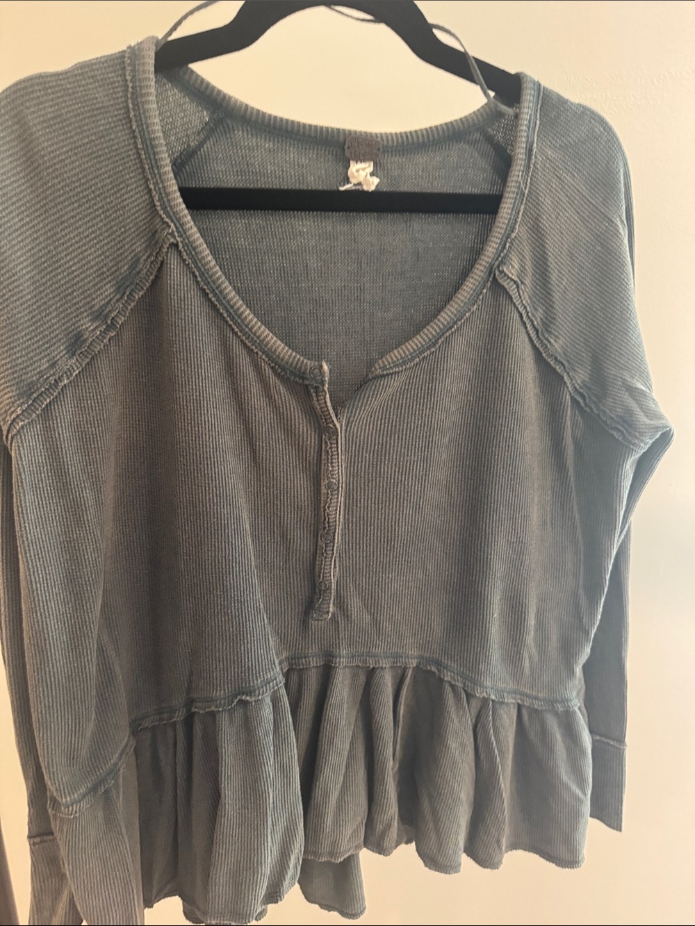 We The Free Washed Sage Green Ruffle Hem Long Sleeve Top